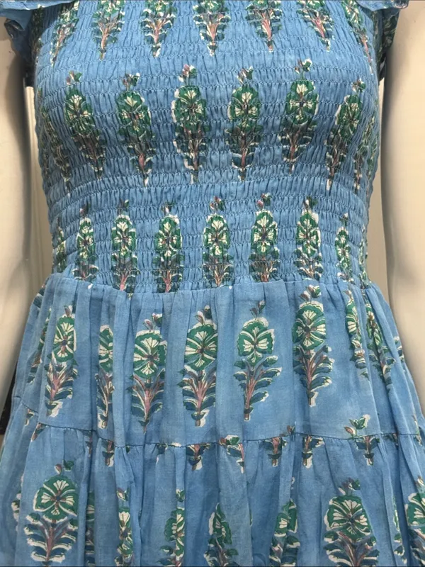 OLIPHANT 100% Cotton Smocked Flirty Ruffle Blue Block Print | Size Small - Image 6