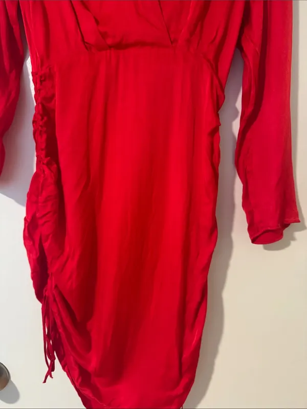 Zara Women’s Bright Red Long Sleeve Wrap-Style Mini Dress with Ruched Drawstring - Image 12