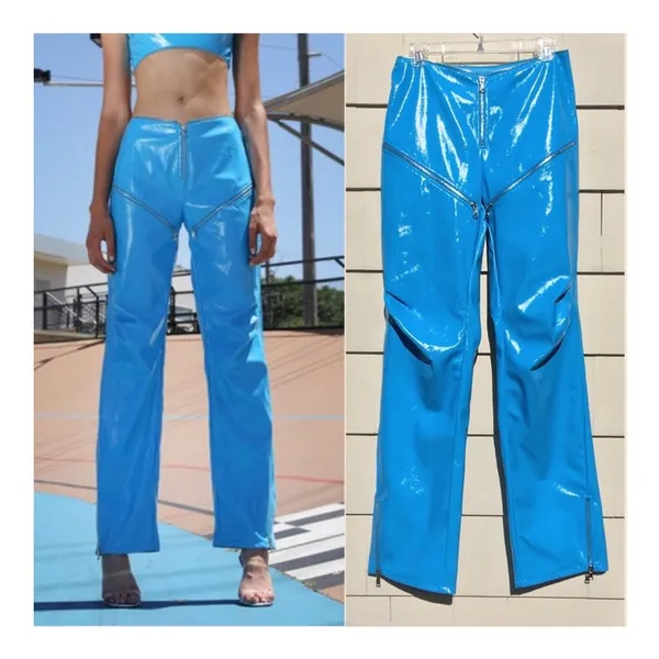 I. Am. Gia Isla Blue Zipper Pants Womens Size XS Rave Shiny Faux Leather - Image 2