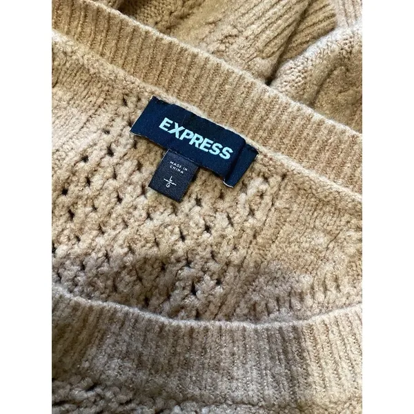 Express Tan Wool Blend Cable Knit Sweater Puff Sleeve L - Image 6
