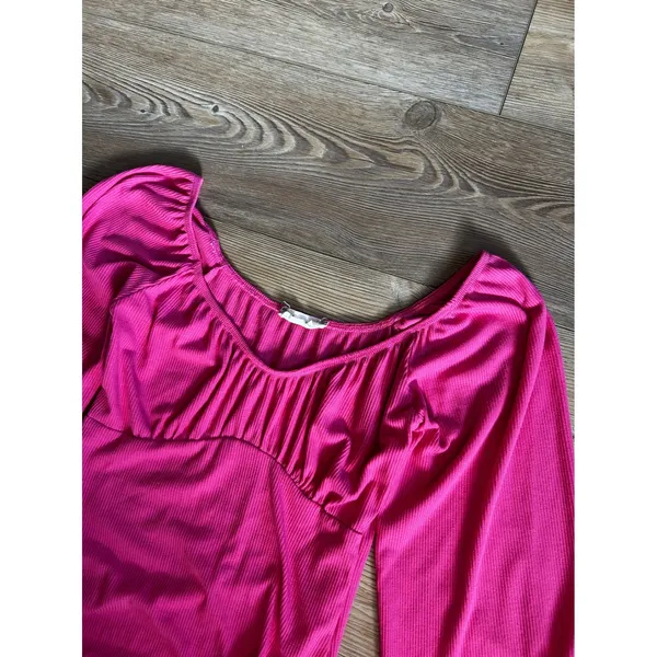 Altar'd State Womens Hot Pink Ribbed Sweetheart Ruched Bishop Sleeve Bodysuit S - Image 2