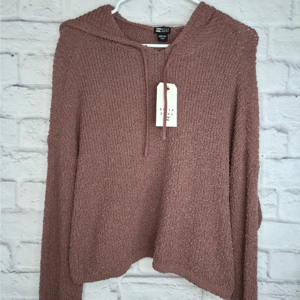 NWT Billabong Hot Beachin Cropped Hooded Knit Sweater Mauve Brown M slouchy fall - Image 4