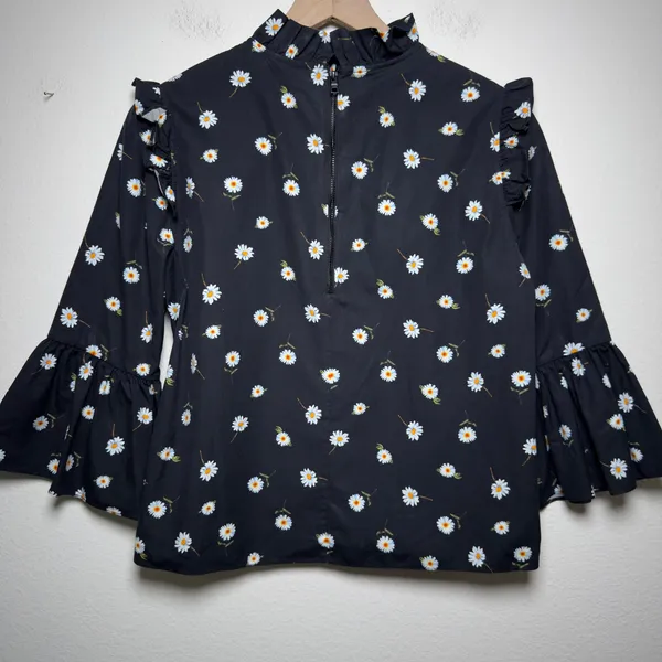 Alice + Olivia Women Cotton Henrietta Daisy Blouse Black Ruffle Bell Sleeve - Image 10