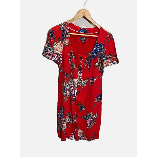 Maeve Dress Women 4 Red Floral Button Front Square Neck Mini Boho Anthropologie - Image 3