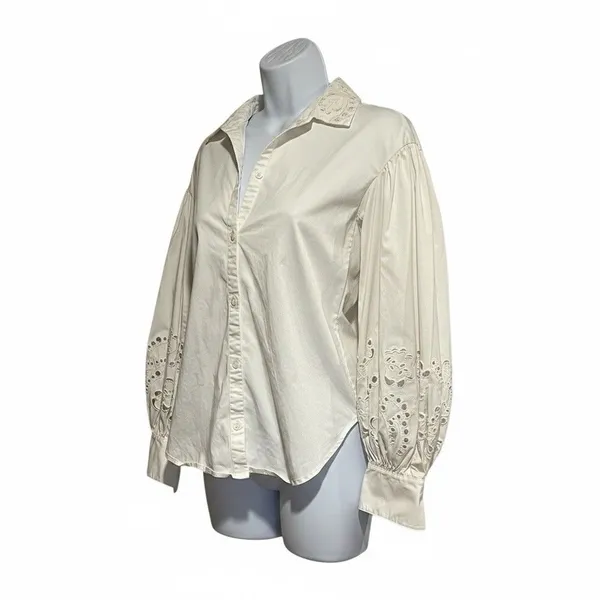 Kate Spade New York Poplin Cutwork Shirt White Button Down Eyelet Sleeve Size 8 - Image 5