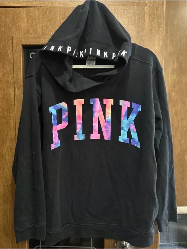 Victoria's Secret Rare VS PINK Black Watercolory Spellout Hoodie Size L - Image 2