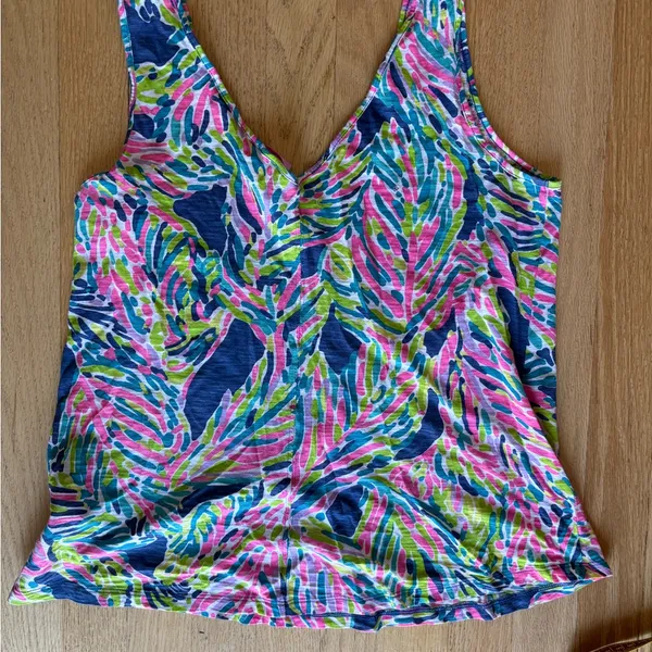 Lilly Pulitzer Pink Navy Green Abstract V-Neck Tank Top - Image 5