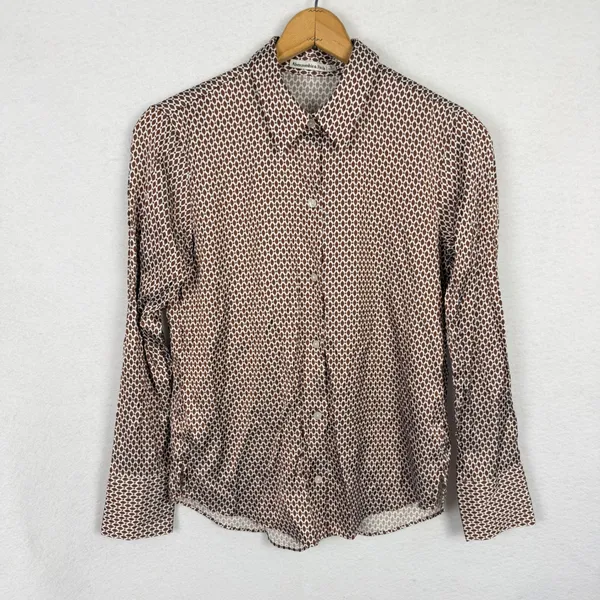 Abercrombie & Fitch Button Up Shirt Womens Small Geometric Satin Brown Office - Image 6