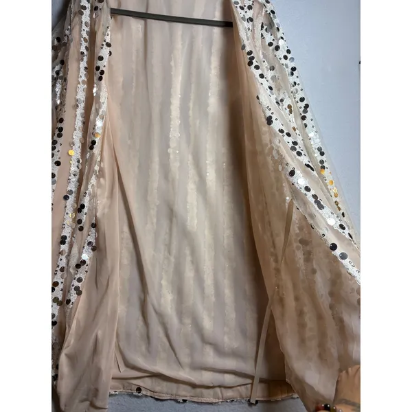 Champagne Sequin Striped Wrap Mini Dress Long Balloon Sleeve V-Neck Party - Image 8