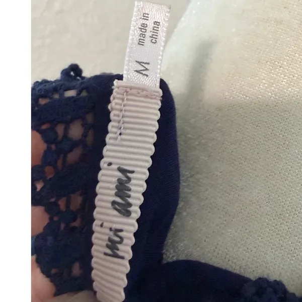 Mi Ami Navy Blue Swiss‎ Dot Lace Trim Faux Wrap Long Sleeve Blouse Medium - Image 5