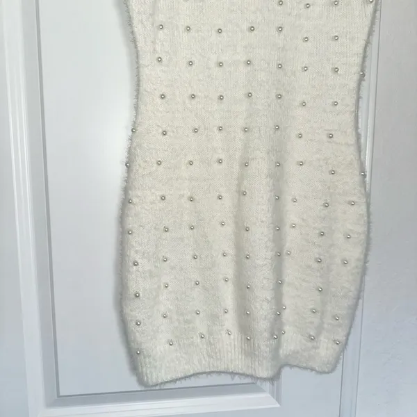 Pink Lily Small Ivory White Embellished Pearl Sweater Holiday Winter Mini Dress - Image 5