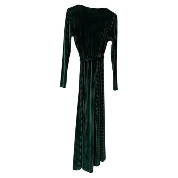 Baltic Born‎ Emerald Green Striped Velvet Velour Wrap Dress Women Size Small - Image 2