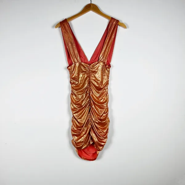 Superdown Kerrie Deep V Neck Metallic Holographic Orange Sparkle Ruched Dress XS - Image 4