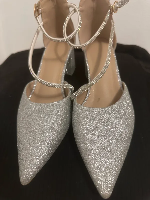 Sugar Everett Silver Glitter Rhinestone Ankle Strap Block Heels - Image 6