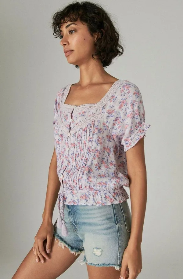Lucky Brand 7W46342 Lilac Multi Floral Short Sleeve Peasant Top $69.50 EUC M - Image 3