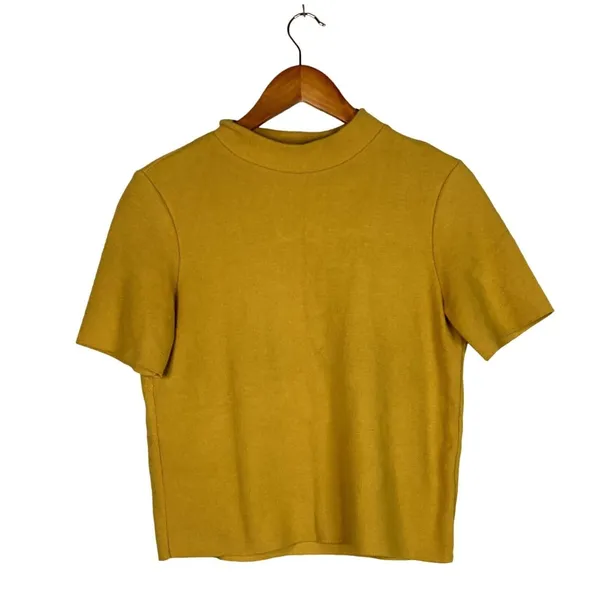 Zara Crop Ribbed Short Sleeve Mock Neck Raw Hem Crop Knit Top M Mustard Yellow - Image 2