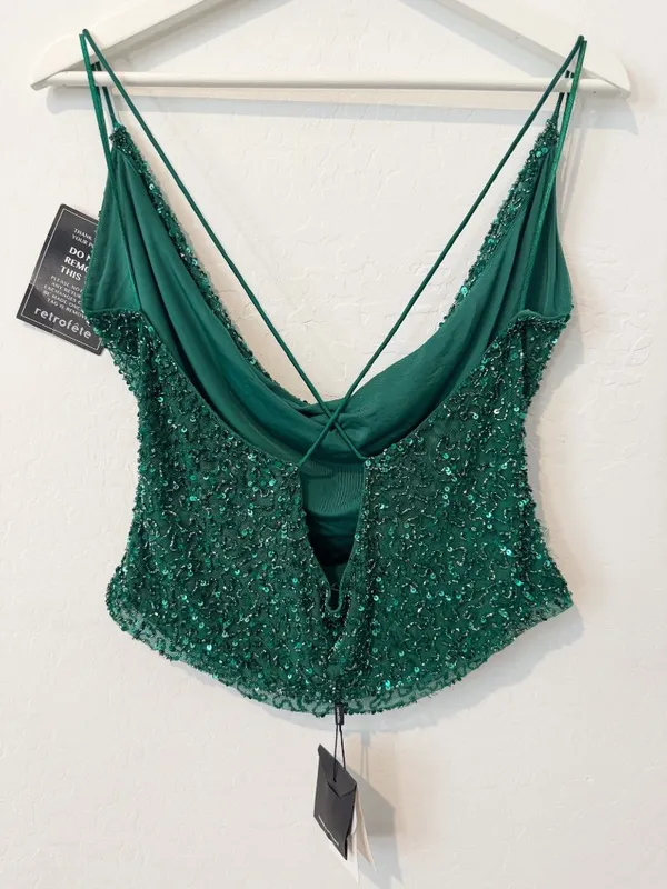Retrofête Michal Sequin Top Size Large Emerald Green Cowl Neck Club Night Out - Image 13