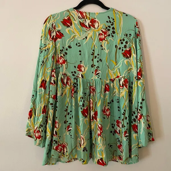 Free People Blue Red Floral V-neck Babydoll Blouse Fairycore Flowy Women's Small - Image 5