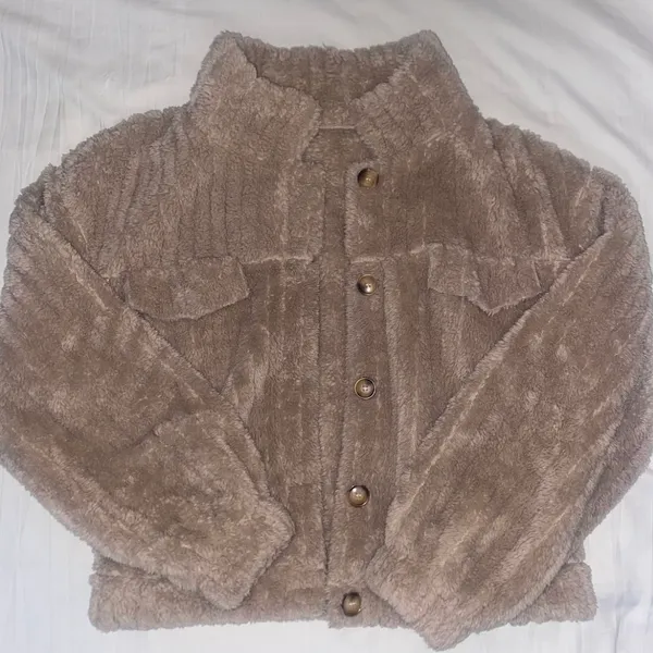beige tan fuzzy shacket jacket Size M - Image 2