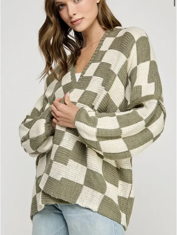 Olive Checkered Oversized Cardigan Green - Image 3