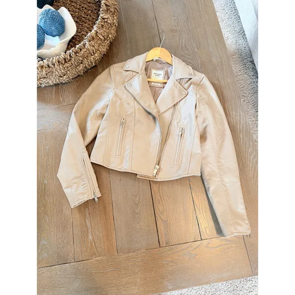 Abercrombie & Fitch Vegan Leather Moto Jacket Womens Tan S - Image 3