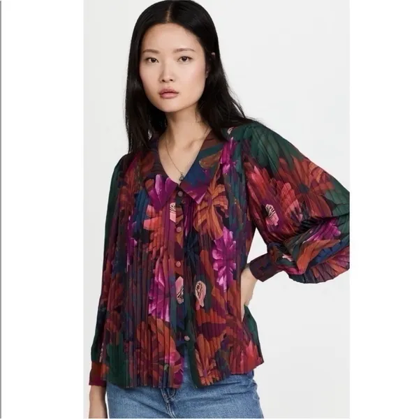 NEW Farm Rio Women’s Bird Flowers Pleated Shirt Multicolor - Image 5