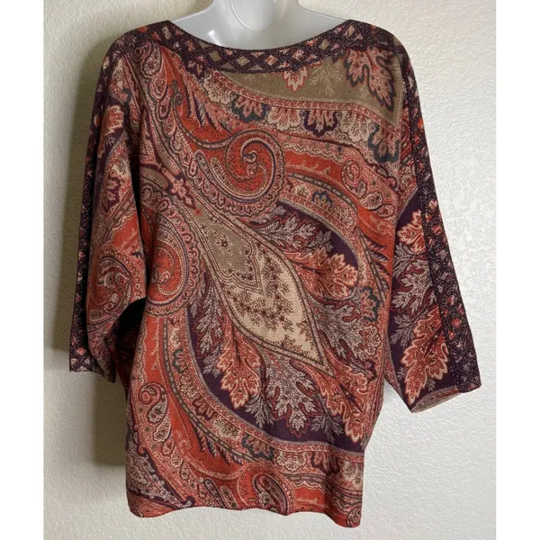 Chicos 2 US Large Paisley Knit Top Orange Purple Metallic Dolman Sleeve 3/4 Chic - Image 2