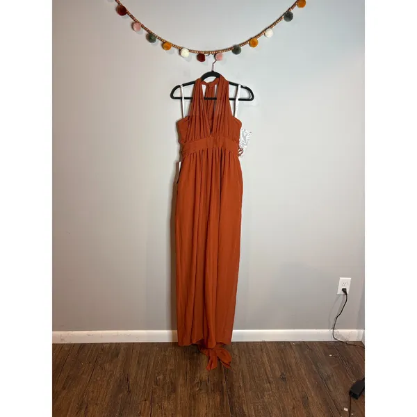 NWT Azazie Lamara Burnt Orange Off the Shoulder Chiffon Convertible Jumpsuit - Image 3