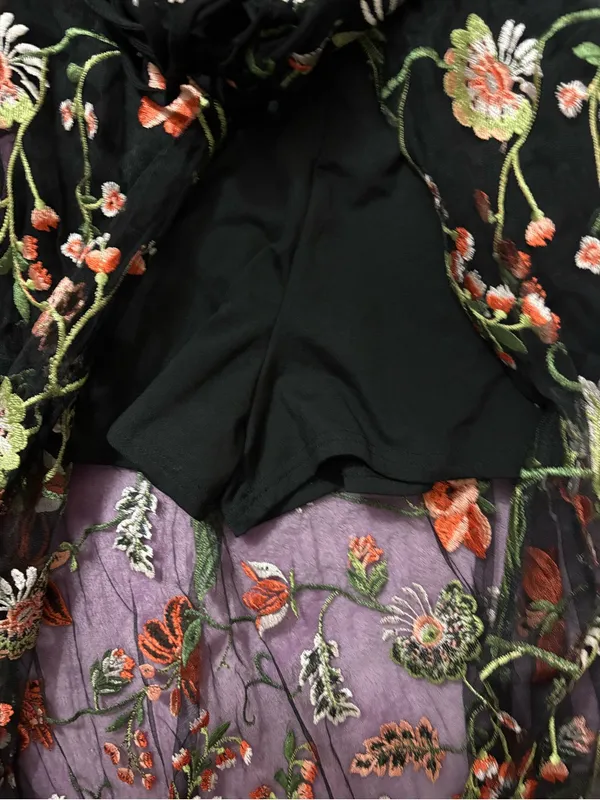 iris Black Maxi Dress with Purple Overlay and Multicolor Floral Embroidery - Image 4
