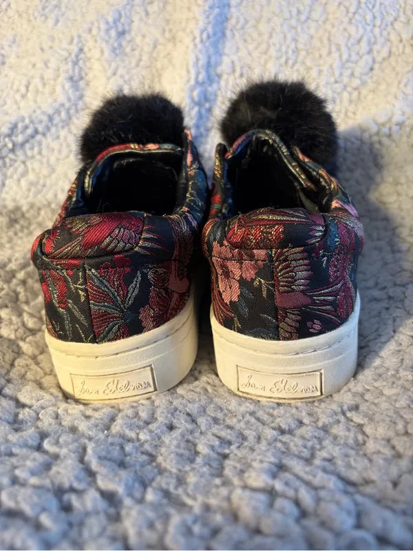 Sam Edelman Leya Faux-Fur Pom-Pom Slip-On Black Brocade Floral Platform Sneakers - Image 5