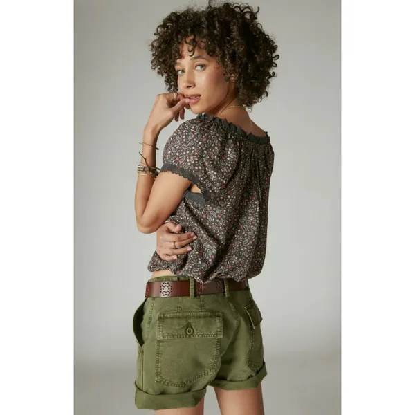 Lucky Brand Printed Button Front Peasant Top in Raven Multi - Image 2