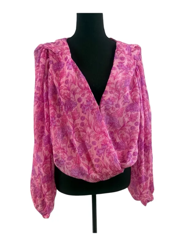 Japna Pink & Purple Floral Wrap Blouse with V-Neck, Tie Back. Boho Romantic - Image 5