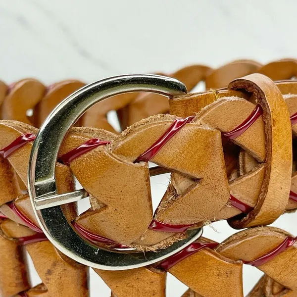 Brown Woven Leather Belt Red Laced Accents Silver Buckle Small/Medium (S/M) ✨ - Image 5