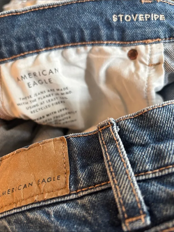 American Eagle High Rise Stovepipe Wide Leg Cuffed Jean 16X31” Stretch Med Blue - Image 5