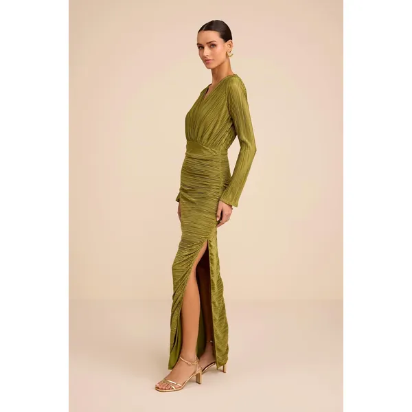 Lulus Seren Olive Green Plisse Surplice Maxi Dress Formal Long Sleeve Small NWT - Image 5