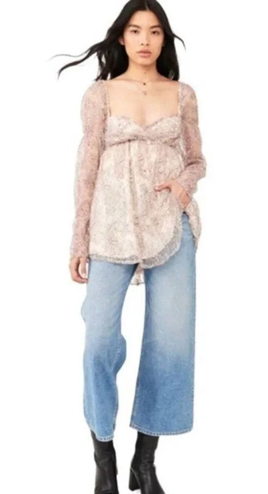 Free People Heavenly‎ Lace Tunic Top in Champagne Toast Size L New - Image 12