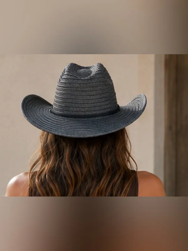 Black Straw Cowboy Hat with Chin Cord - Women - Image 2
