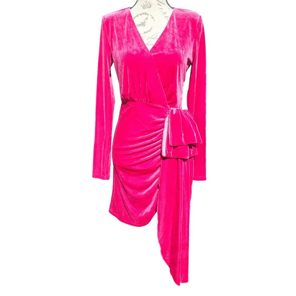 Style Cheat‎ 50O Velvet Mini Dress Long Sleeve Hot Pink Wrap Cocktail Party US 6 - Image 2