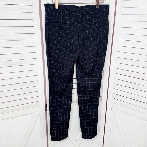 H&M Windowpane Plaid Cuff Hem‎ Skinny Fit Trouser Pants Blue Tan Size 29 - Image 2