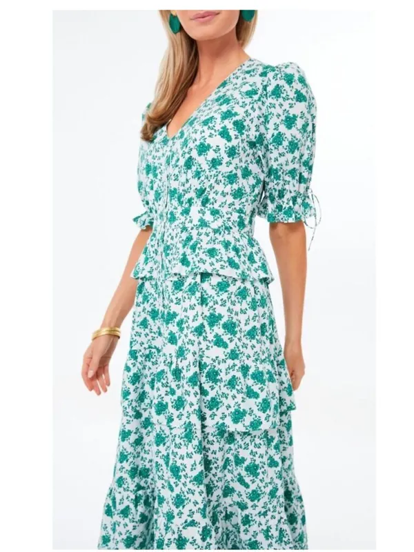 Tuckernuck Hyacinth House Irenea Midi Dress Green Floral Ruffle Puff Sleeve Lrg - Image 4
