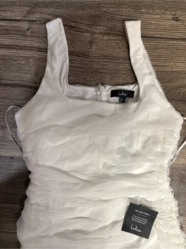 Lulus White Ruched Mesh Overlay Satin Mini Dress NWT - Image 4