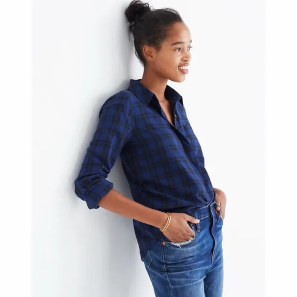 Madewell Navy Blue Arion Plaid Wrap Front Shirt XS - Image 9