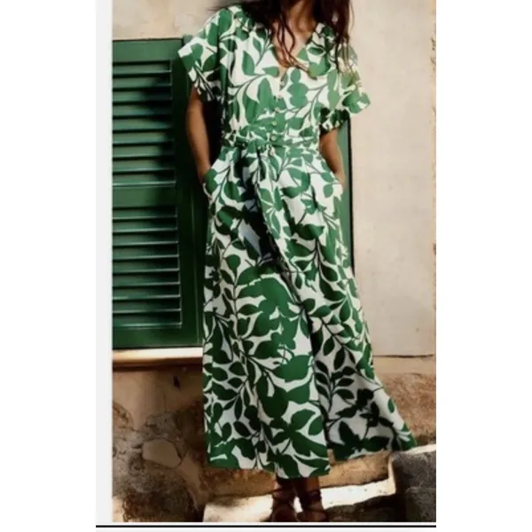 Coastal White Green Botanical Cotton Maxi Shirt Dress Belted Pockets Zara M - Image 3
