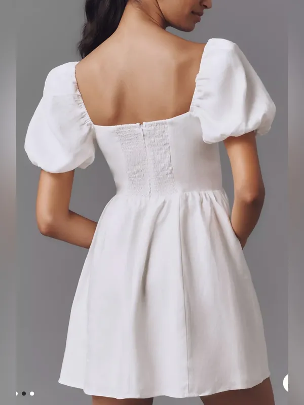 NEW Reformation Malvina White Linen Puff-Sleeve Mini Dress sz 12 - Image 3
