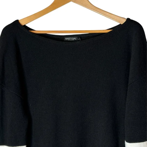 Nasty Gal Sweater Women Large Black Boat‎ Neck White Varsity Stripe Sleeve Knit - Image 4