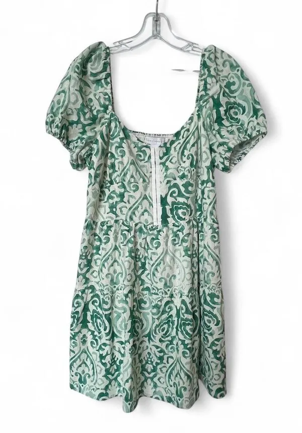 House Of Harlow 1960 Puff Sleeve Hook & Eye Linen Blend Mini Dress M Ivory/Green - Image 2