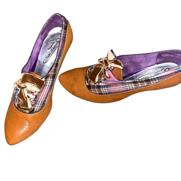 Poetic Licence Heels Victorian Tan Leather Velvet Lace Up Retro - Image 2
