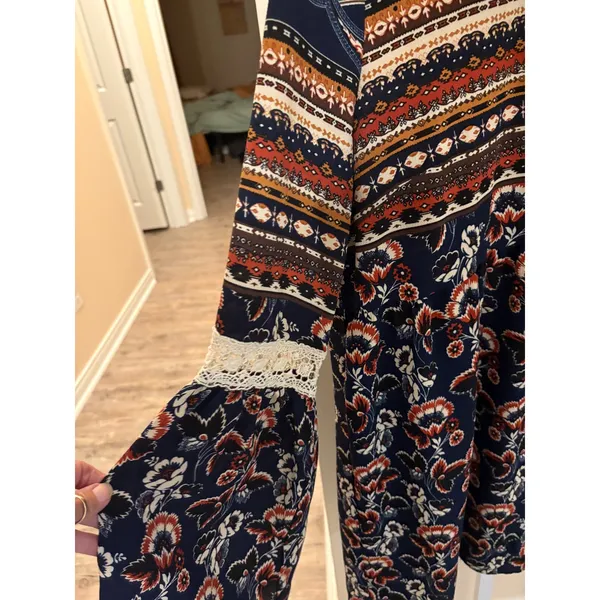 Entro Navy Blue Boho Floral Paisley Bell Sleeve Lace Accent Tunic Top Dress L - Image 4