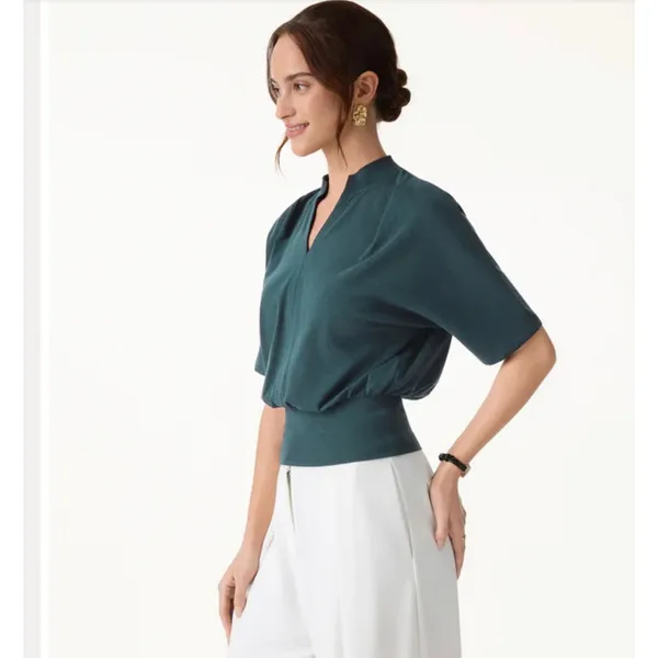 OGL Stand Collar V-Neck Short Sleeve Green Top Women's Size XS NEW - Image 2
