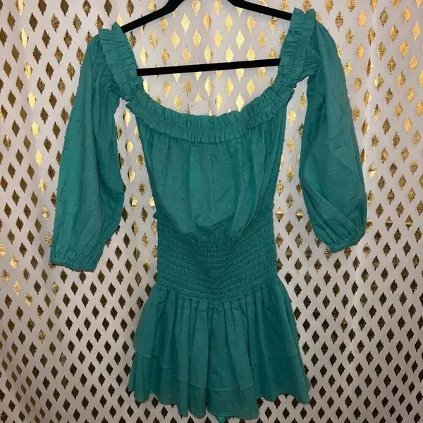 Rays for days mini dress teal blue off shoulder ruched size M - Image 6